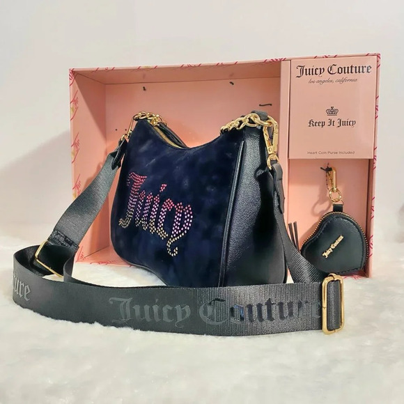 Juicy Couture Black Licorice Pink Rhinestone Handbag Bag & Heart Coin Purse Set - Picture 8 of 11